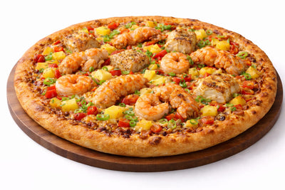 Signature Trini Sunshine Grilled jerk lobster, shimp, and king fish with bell pepper,pimento peppers and pineapple pizza