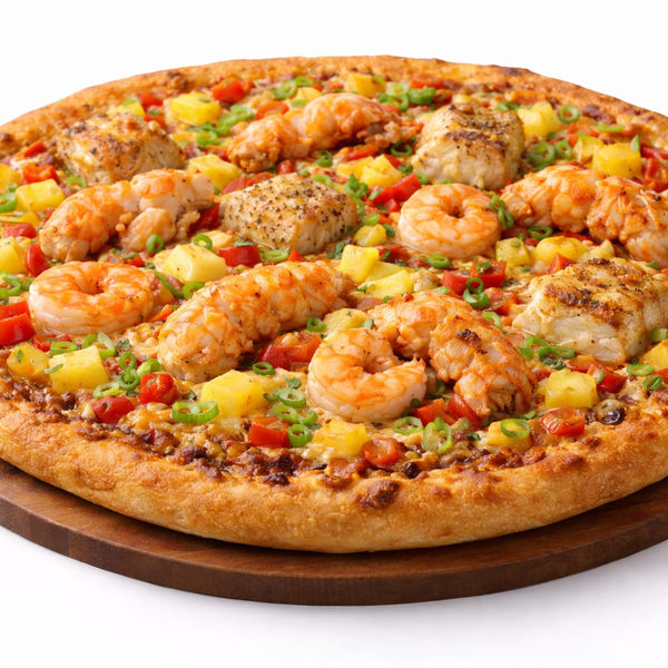 Signature Trini Sunshine Grilled jerk lobster, shimp, and king fish with bell pepper,pimento peppers and pineapple pizza