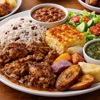 Trini Sunday Lunch Vibes. Rice with peas,Macaroni, callaloo, Redbean, stew chicken and provision