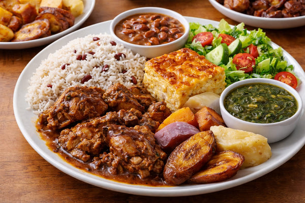 Trini Sunday Lunch Vibes. Rice with peas,Macaroni, callaloo, Redbean, stew chicken and provision