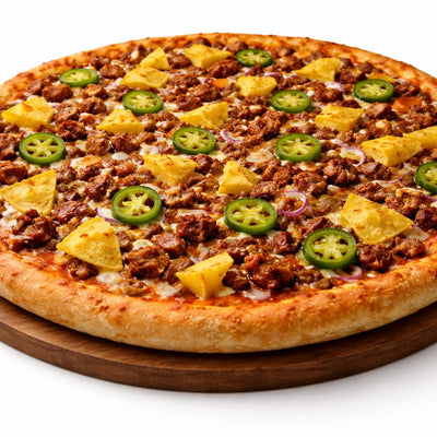 Signature jerk beef or chicken Spice, jalapeños pepper pineapple  and tortilla 12-inch Pizza