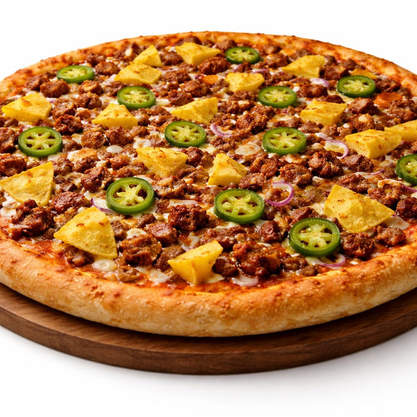 Signature jerk beef or chicken Spice, jalapeños pepper pineapple  and tortilla 12-inch Pizza